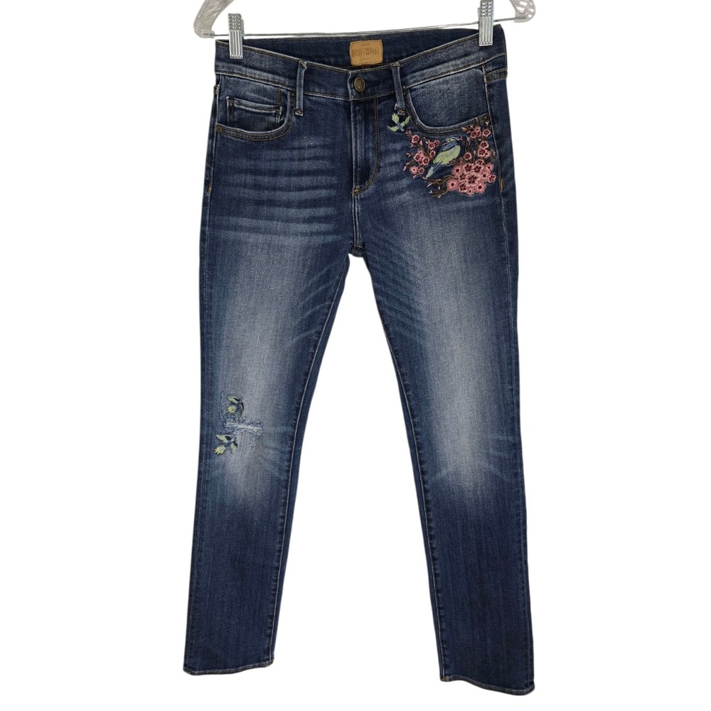 Driftwood Audrey Classic Fit Embroidered Bird Floral Jeans Blue Denim Size 27